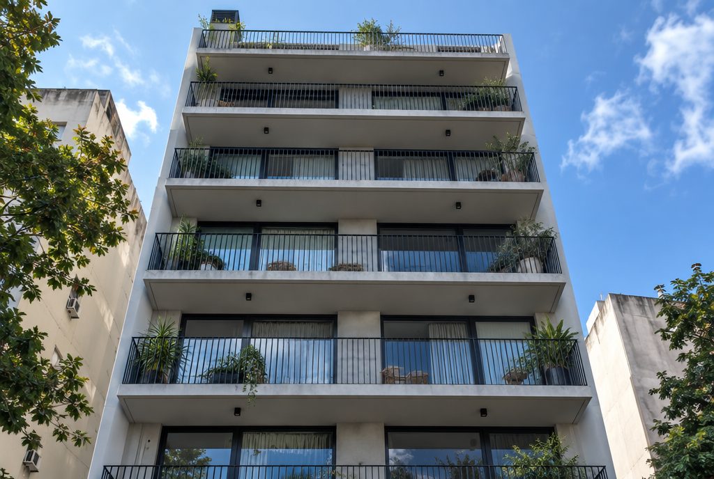 Edificio con barandas de hierro negro en todos los balcones