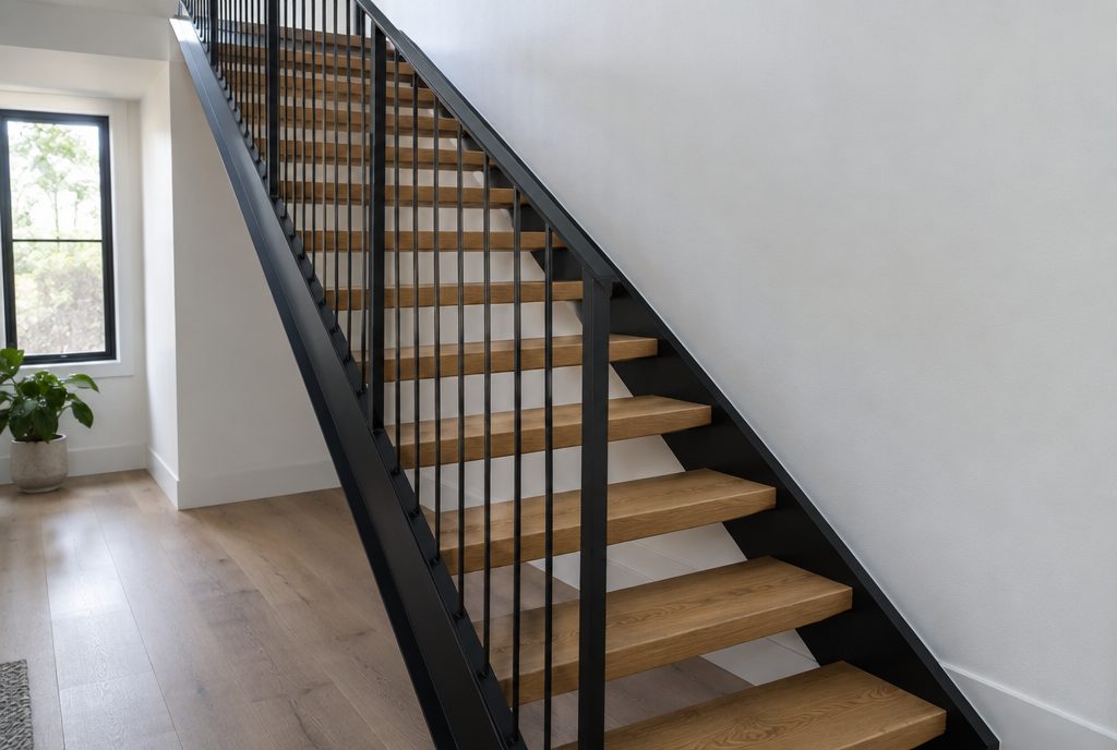 Escalera recta de hierro negro con escalones de madera y baranda de barrotes