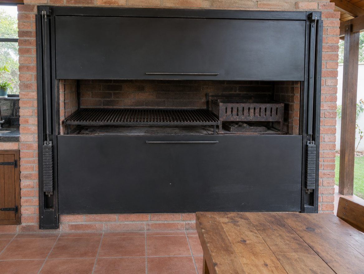 Frente de parrilla de hierro negro con guillotina doble: la puerta de arriba levantada deja ver la parrilla y el brasero