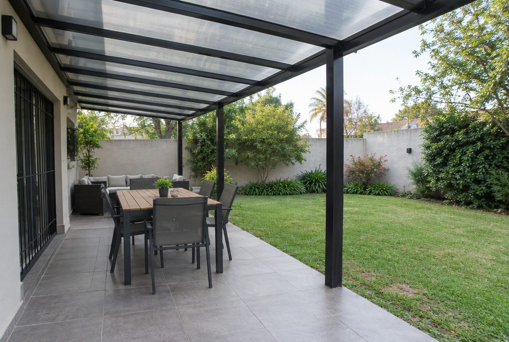 Pérgola de hierro negro con techo de policarbonato sobre un patio