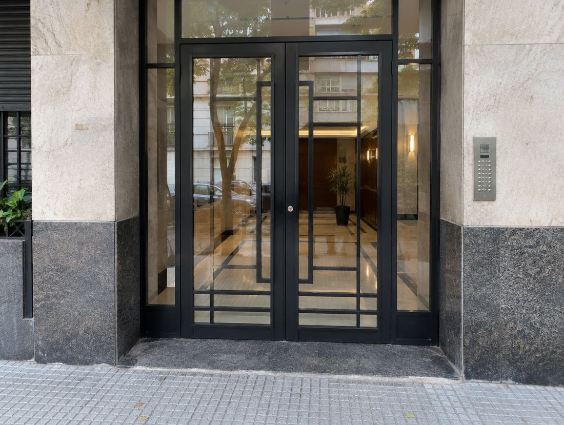 Puerta doble de hierro negro y vidrio en la entrada de un edificio