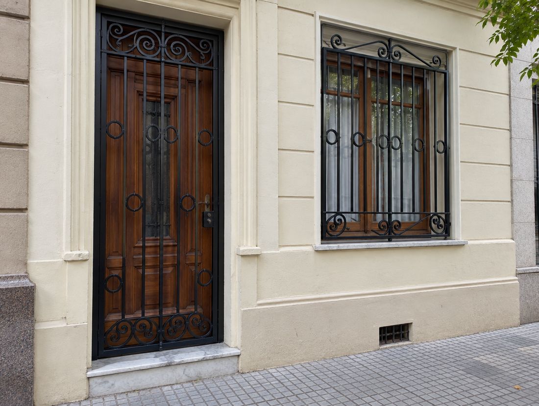Reja de hierro forjado negro con volutas en la puerta y la ventana de una casa antigua